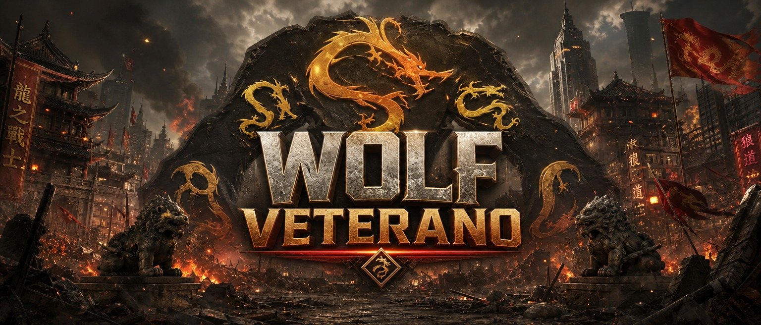 Wolf Veterano: logo sobre una ciudad en llamas con dragones dorados